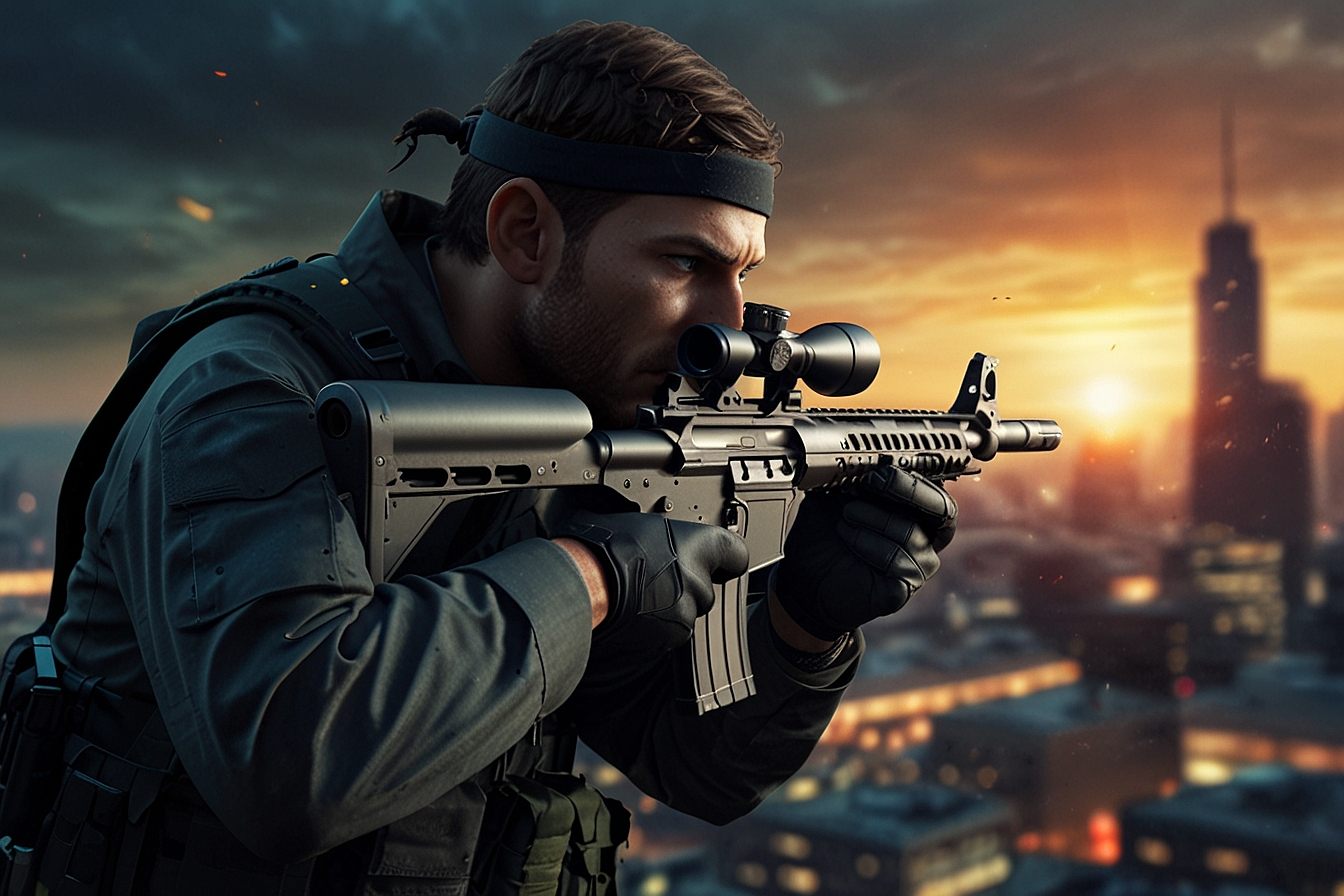 Sniper 3D mission gameplay showing multiple targets in an urban environment